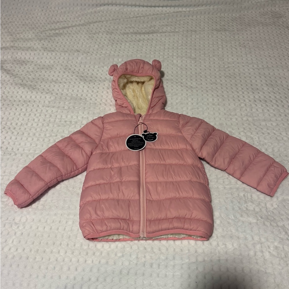Kids Pink Puffer Jacket with Fleece-Lined Hood